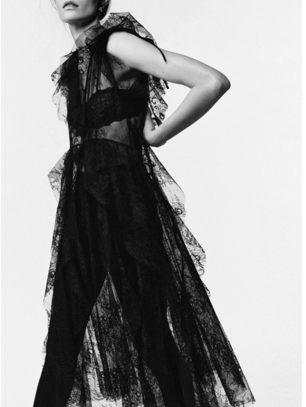Zara Black Lace Asymmetrical Ruffle Dress